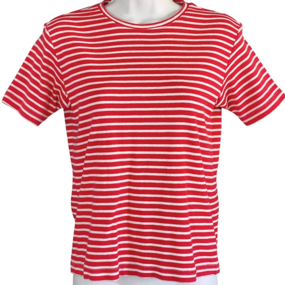 Vintage 90s Liz Sport Striped Tee S Red White 100% Cotton Coastal Preppy - Picture 2 of 7